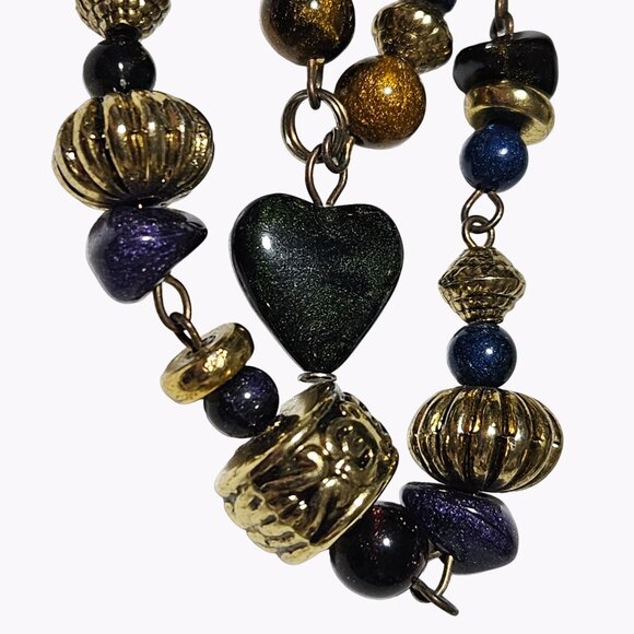 Elegant Art Deco Gold Tone Blue Chunky Gemstone Beaded Heart Pendant Necklace - Picture 4 of 9